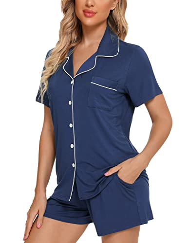 Image of Pjmlifecoco Women's Modal Pajama Set Short Sleeve Button Down Two Piece Soft Sleepwear with Shorts Loungewear S-XXL
