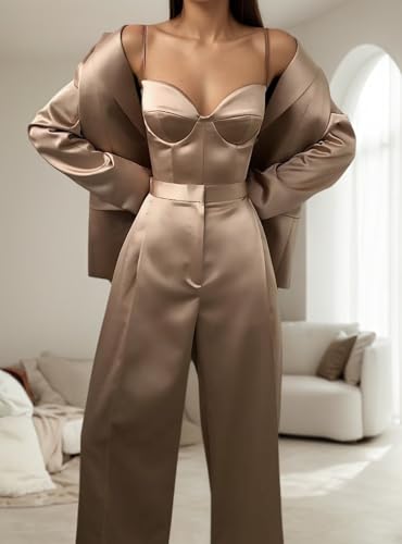 Satin Womens Tuxedo Suit Set 3 Piece 1 Button Pant Suits for Women Casual Notch Lapel Blazer Vest Pants2