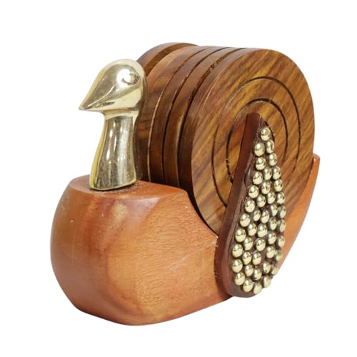 Image of Saras Aajeevika 6 Pc Set of Handmade Wooden Round Curved Coaster /Coster with Brass Kettle Shape Holder for Kitchen Decor Hot Pots, Tea Cups, Coffee Mugs, Glasses Coaster Sets (Design 2)