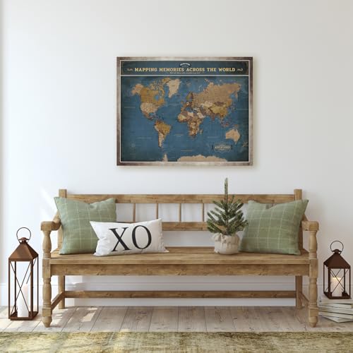 Image of DECORARTS - World Travel Map with Pins, Pin Board Canvas Wall Art, Modern Navy Blue Maps for Wall Decor, Giclee Print on Canvas, Handcrafted in USA, 20x16''