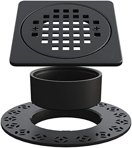 Yaseingoo 4” Drain Grate Kit Replacement - Shower Floor Drain Kit with Adjustable Collar - Removable Square Drain Set - SUS 304 Stainless Steel Grate - Compatible with Kerdi-Drain Flange - Matte Black
