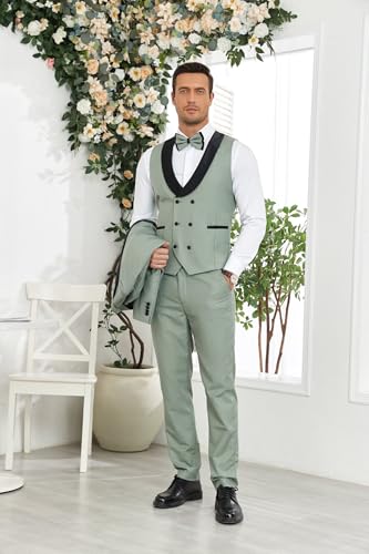 Men's Tuxedo Suit 3 Piece Slim Fit One Button Wedding Prom Tuxedo Double Breasted Groom Suits Set with Bow Tie 5