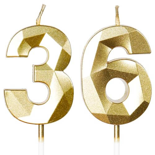 Bougies d'Anniversaire 36 Ans Dorées - Numéro 36 Or - Bougies Dorées pour Gâteau - Décoration de Fête Brillante - Anniversaire, Mariage, Fête, Cérémonie