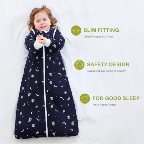 Image of Baby Sleep Sack 3.5 TOG Cotton Moonlight Leaves L | 100% Cotton thick winter baby sleep sack with detachable sleeves, gentle on baby's skin, warm cozy sleep comfort for 18-36M