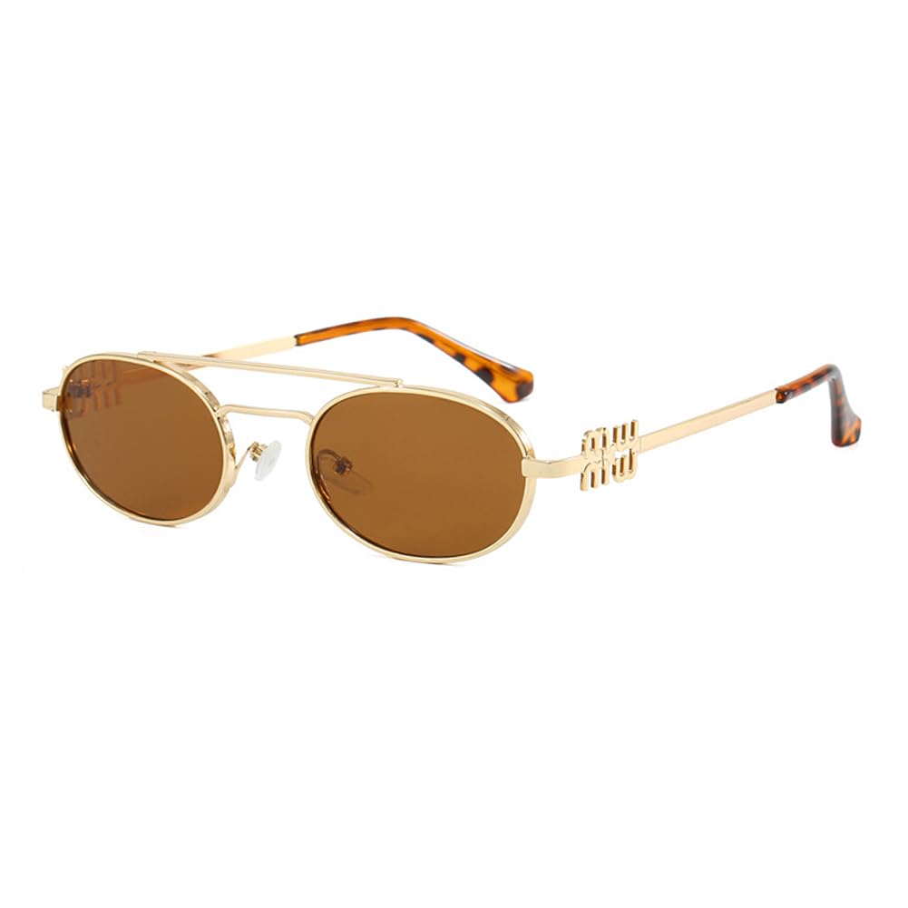 hermaner Oval Sunglasses Womens UV400 Protection Double Bridge Gold Metal Frame Personality Temples Ladies Sun Glasses Retro Sunnies Outdoor Street Travel