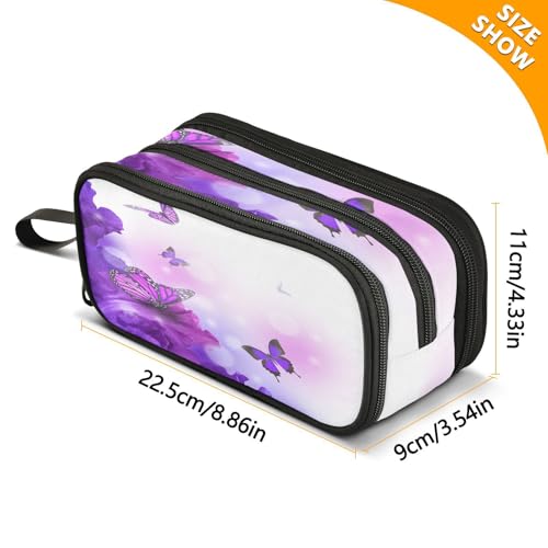 Image of ALAZA Butterfly Purple Flowers Pencil Case for Boys Girls Kids Pencil Pouch 3 Compartment Pen Bag Large Capacity Storage Pencil Holder School Students with Zipper