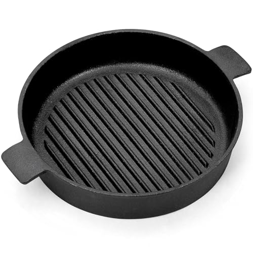 Warmiehomy Cast Iron Griddle Pan,24cm Pre-Seasoned Non-Stick Grill Pan,Round BBQ Cast Iron Skillet with 2 Handles for Gas Induction Electric Hobs and Oven Safe,Ridge Surface