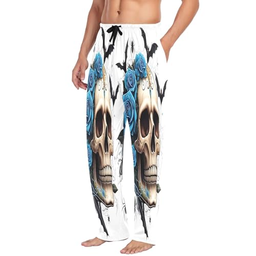 Qilmy Blue Rose Skull Men's Cotton Pajama Pants, Lightweight Lounge Sleepwear with Drawstring and Pocket4