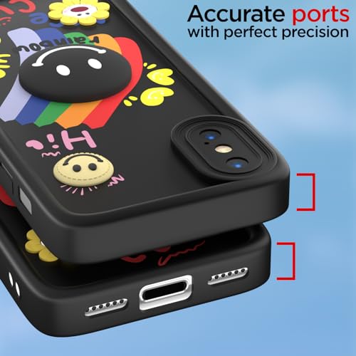 Image of Pikkme Back Cover for iPhone X /Xs | Soft Silicone| Cute Rainbow Smile & 3D Cartoon Flower Design | Shockproof Raised Camera Protection Bumper Case (Black)