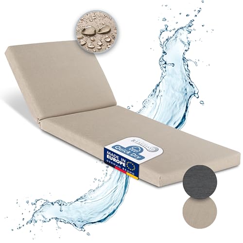 Beautissu Sun Lounger Cushion Only Waterproof 190x60 cm - Outdoor Deckchair Garden Recliner Cushions for Garden Furniture Loungers Weatherproof - Washable Cushion-Cover Beige