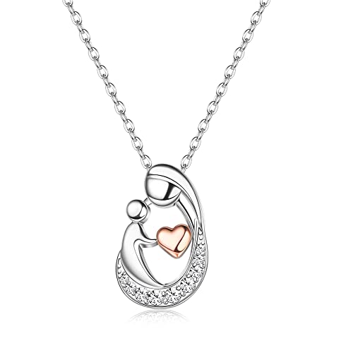 MILACOLATO Mother's Day Gifts S925 Sterling Silver Mother Daughter Necklaces 18K White Gold Filled Mom and Child Heart Birthstone Necklace Mom Pendant Necklaces for Mom New Mum Grandma Women Wife - Main Image