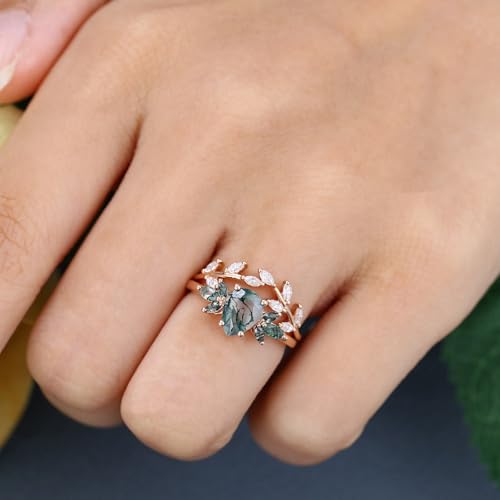 10K 14K 18K Rose Gold 2CT Natural Moss Agate Engagement Ring Set for Women 925 Sterling Silver Genuine Pear Green Moss Agate Leaf Art Deco Bridal Wedding Ring Set (Size 4-15)-44