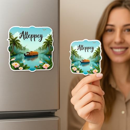 Image of Naxon Alleppey Kerala Souvenir Wooden Fridge Magnet - 3x3 Inch Refrigerator Magnet for Kitchen & Home Decor | Travel Souvenir Gift with Backwaters & Houseboat Design | Pack of 1