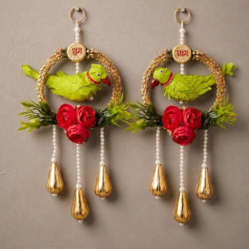 Image of Shubh Labh Door Hangings (1 Pair) - Parrot Hangings for Door Entrance, Home Mandir, Diwali Decoration,Festive Decor,Ganpati Decor,Pooja Room Decor, Home Temple Decoration Items