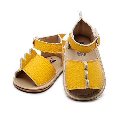 Bebila Cartoon Dinosaur Baby Sandals - 3D Dorsal Fin Anti-Slip Soled Leather Baby Shoes for Girls Boys (3-6months/12cm/5M US Toddler, Yellow)