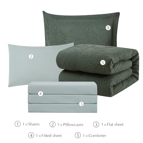 Image of Geniospin Twin Comforter Set - 5 Pieces Dark Green Bedding Set, Botanical Textured Comforter Bed Set, All Season Lightweight Bed in a Bag with Comforter, Sheets, Pillowcases & Shams