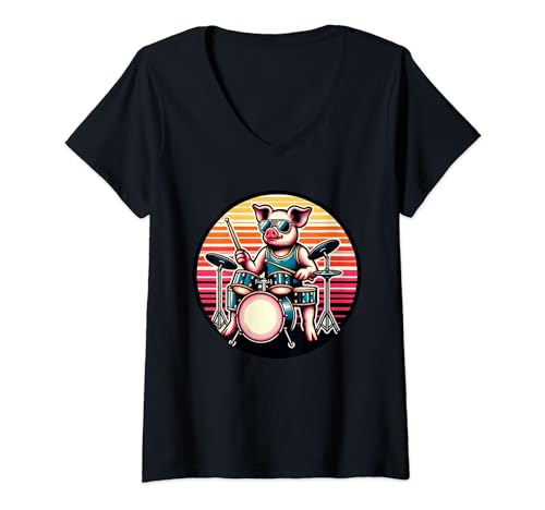 Donna Pig Drums Drummer Band Percussioni Musica Maglietta con Collo a V