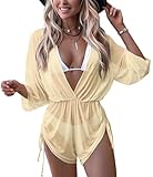 ALIREVERIE Women Summer Beach Sexy Romper Cover Up One Piece Cute Loose Swimsuit Beige M