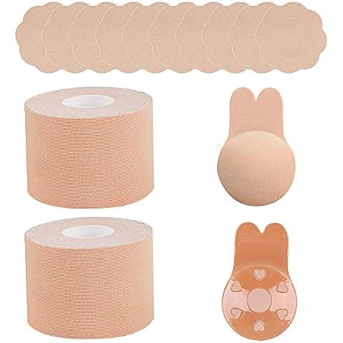 HHOOMY Body Tape Boob Tape, Breast lift Tape Strapless Adhesive Sticky Bra with Petal Nipple Covers, Breast Lift Cover Bra Invisible Push Up Backless Bra for Sizes A-E Cup Large Breast (Beige) Cover