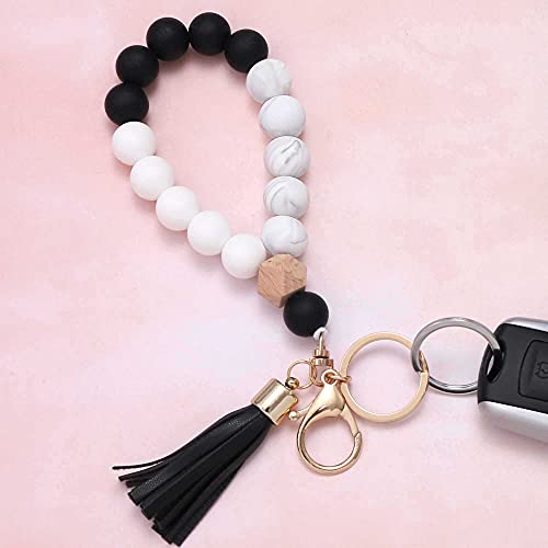 Image of BAOSIWA Silicone Key Ring Bracelet Wristlet Keychain Unique Beaded Bangle Key Chains for Women with Leather Tassel