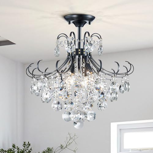 peskoe 18'' Crystal Chandelier Light Fixture, Modern Semi Flush Ceiling