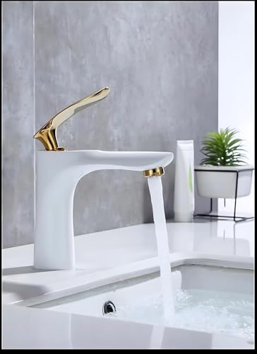 Image of AQUAKART Gold White Basin Mixer Tap Faucet with Connection Pipes Gold Colour (Golden Belle) (White-Gold)