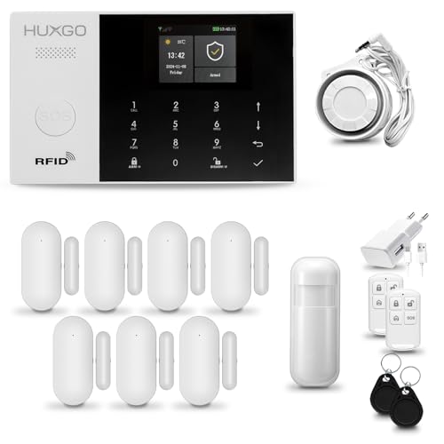 Alarmas para casa hogar WiFi + gsm 4G con Sirena | Kit de Alarma inalámbrico con 1 Sensor de Movimiento y 7 alarmas de Puerta/Ventana | Alarma Tuya Smart Life | HUXGO® HXA005