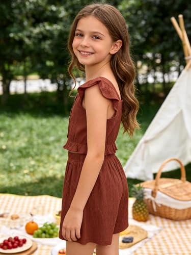 Image of Girls Summer Outfits Textured Botton Front Flutter Sleeve Shirt Ruffle Hem Crop Top and Solid Shorts Sets Rust Red 13-14 Years