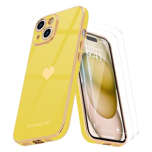 Teageo Kompatibel mit iPhone 15 Plus Hülle + 2 Stück Schutzfolie, Mädchen Herz Hülle Galvanisierte Weich TPU Schutzhülle Kameraschutz Kratzfest Phone Case für iPhone 15 Plus, Gelb