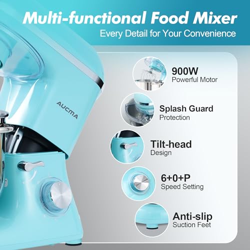 Image of Aucma Stand Mixer, 8QT 900W 6-Speed Tilt-Head Food Mixer, Kitchen Electric Mixer with Dough Hook, Wire Whip & Beater (Blue, 8QT)