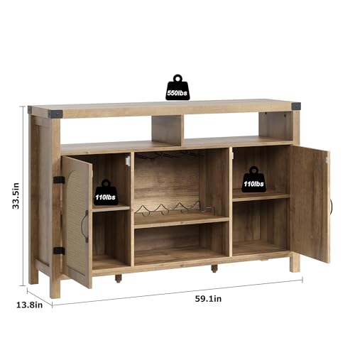 Farmhouse 59" Sideboard Buffet Cabinets with Wine Rack,Modern Coffee Bar Cabinet for Home Liquor, Kitchen Storage Cupboard with Door, Sideboard for Dining Room, Living Room,Restaurant,Wood Color