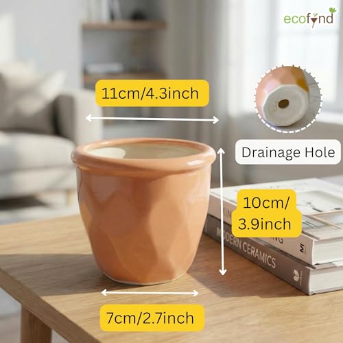 Image of ecofynd 4 Inch Ceramic Plant Pots with Drainage Hole, Modern Decorative Clay Flower Pots for Indoor Plants, Home Garden Decor for Living Room, Bedroom & Interior Spaces (CPOT043-PEH)