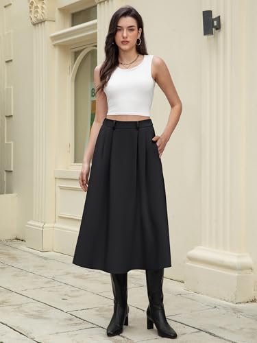 Women's High Waisted Midi Skirts Business Casual Flare Dressy Work A Line Pleated Skirt with Pockets4