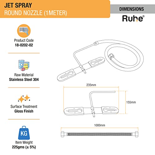Image of Ruhe Jet Hands-Free Spray | 304 Grade Stainless Steel Toilet Bidet | Round Nozzle | 1 Meter Heavy PVC Hose | Glossy Finish