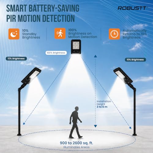Image of Robustt Solar Light Outdoor for Home, Garden | 300W Wireless LED Street Night Lamp for Wall, pathway and Road with Pole | Solar + USB Type-C Charging | IPX5-Water Resistant |Cool White | 1 Yr Warranty