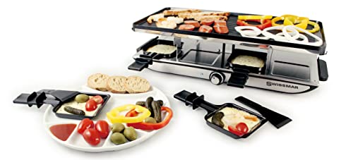 Swissmar Geneva Stainless Steel Raclette, 8-person NonStick Indoor Grill Set, 1400 watts Electric Griddle with Heat Control and Cast Aluminum 2 in 1 Grill, Tabletop Korean BBQ Grill with Cheese Melter Dishes