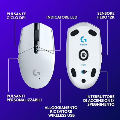G305 Lightspeed Mouse Gaming Wireless, Sensore 12K Hero, 12.000 DPI, Design Leggero, 6 Pulsanti Programmabili, Batteria 250 Ore, Memoria Integrata, PC/Laptop - Bianco - Mouse gaming - Immagine 5