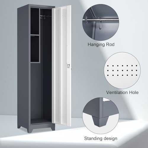 Image of Metal Broom Storage Cabinets, Narrow Cabinet with Hooks, 65 inch Slim Bathroom Storage Cabinet with Shelves, Heavy-Duty Cleaning Cabinets for Utility Room, Gym, Office, Garage