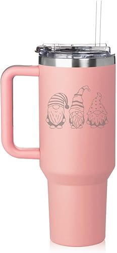 Miniatura 3 de Daylor Vaso de 40 onzas con asa y tapa con popote, taza de viaje aislada de acero inoxidable, gnomos (crema)