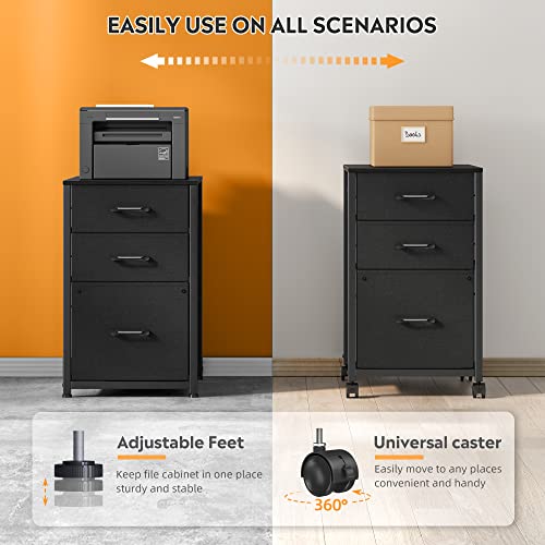 Raybee 3 Drawer File Cabinets For Home Office Small Rolling Filing Cabinets With Wheels Fits A4, Letter,Legal Size Office Fabric Vertical Filing Cabinets 16.7" D*16" W*26.8" H Black #TOP4