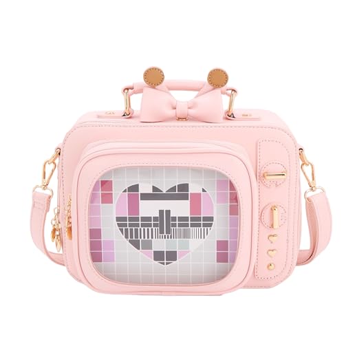 Image of Women TV Shape Ita Bag Pink Television Shoulder Bag Design Ita Backpack Unique female Clear Window Anime Pins Display Crossbody Bag（pure pink）
