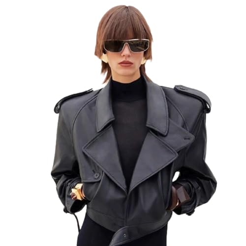 Genuine Sheepskin Minimalist Black Leather Jacket for Women Wide shoulder, Cropped, Light Fashionable in Biker Style