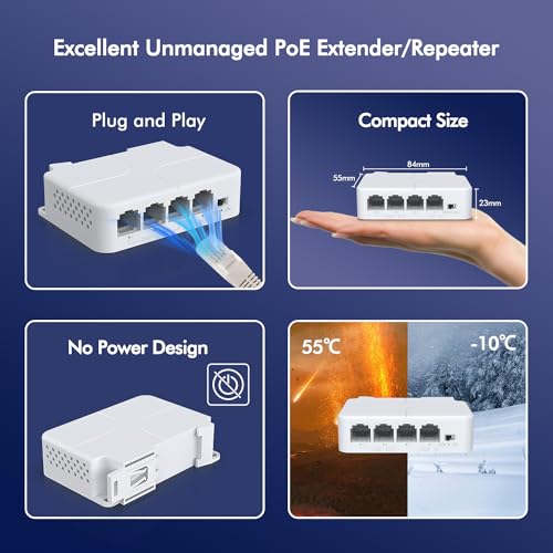 Image of YuanLey 4 Port PoE Extender with 3 PoE Out, IEEE 802.3af /at Mini 4 Channel Repeater 100Mbps, Wall and Din Rail Mount Passthrough Switch /Booster, Plug and Play