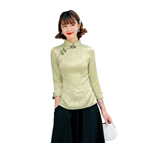 Shanghai Story Women Chinese Cheongsam Tops Qipao Shirts Tang Suit Half Sleeve Blouses Green 2XL