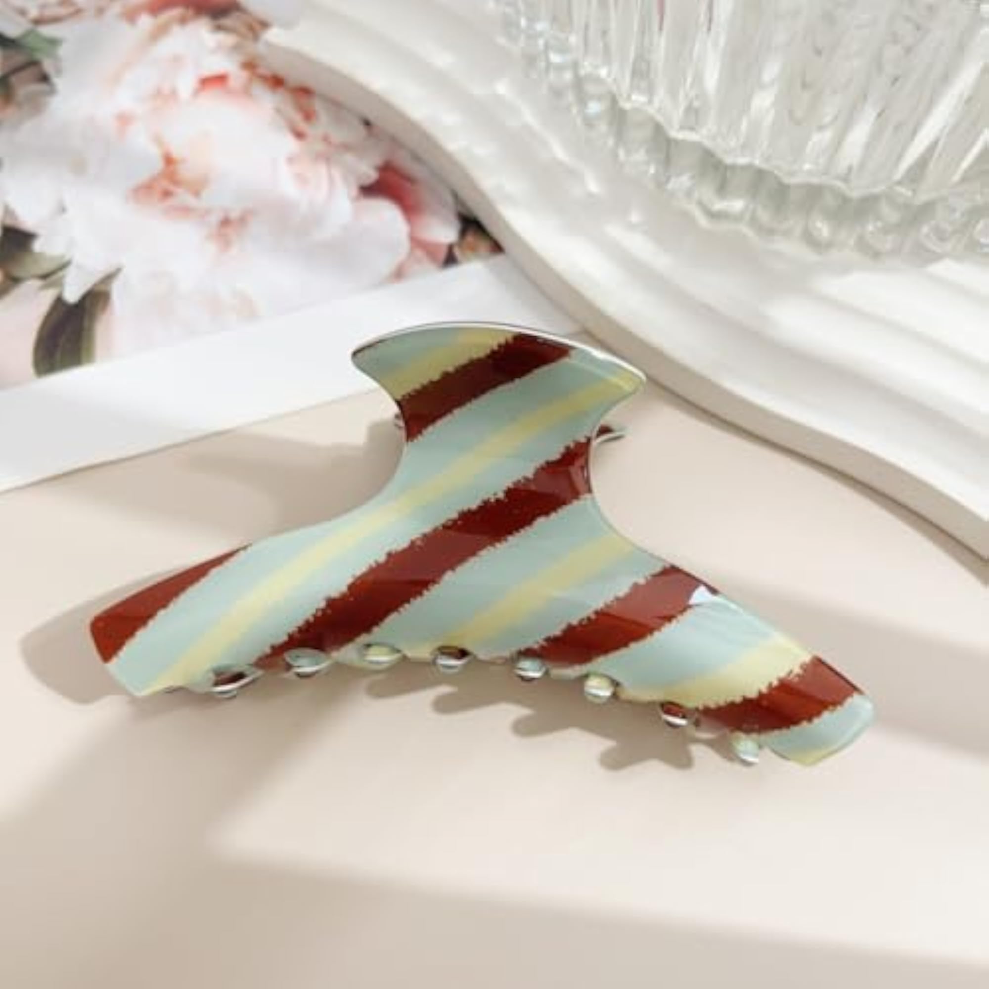 Vertical Striped Hair Claw Clip in Light Blue
