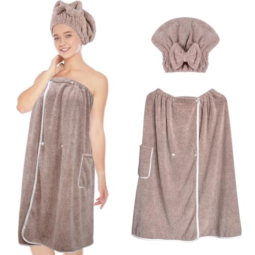 SUNLAND Microfiber Women Bath Towel Wrap and Hair Drying Towel Set,Adjustable Soft Body Wraps Dress with Hair Towels, Super Absorbent to Quick Drying 32 Inch x 60 Inch