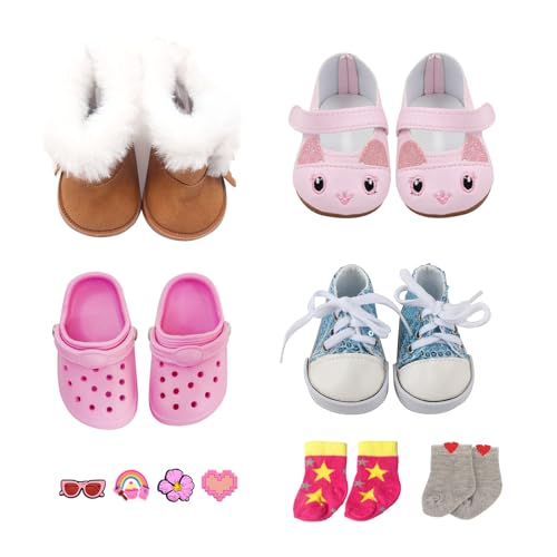 Puppenzubehör Set 43CM Puppenzubehör mit 4X Puppenschuhe & 2X Puppensocken Puppe Zubehör für Baby Puppen Geschenk für Mädchen
