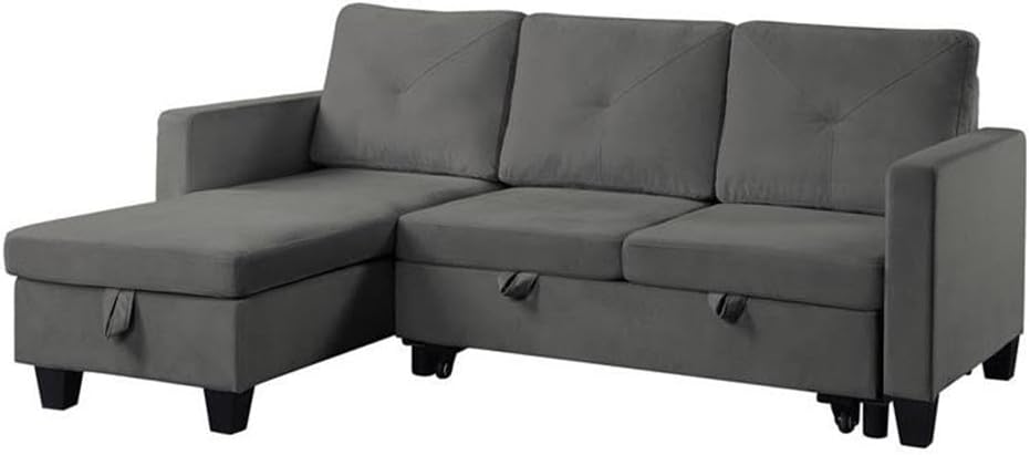 BOWERY HILL Velvet Reversible Sleeper Sectional Sofa, Dark Gray Upholstery, Pull-Out Bed with Storage Chaise, Foam Filled Seats, Removable Back Cushions, Plastic Legs, Modern Small Space Living