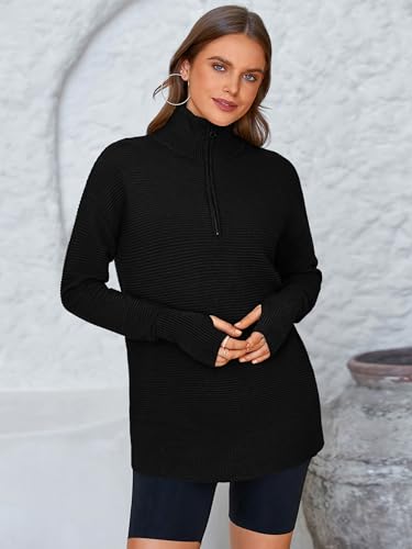 Image of PRETTYGARDEN Womens Long Sleeve Quarter Zip Pullover Sweater | Casual Loose V Neck Sweaters with Thumb Hole, Collared Ribbed Knit Jumper Tops, Oversized Tunic Tops, Fall Outfits 2026