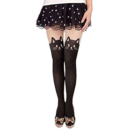 DIVISTAR Medias Medias de Legging con el Tatuaje de la Medias de la Cola del Gato de Mujer, Talla única (85-98cm), Negro